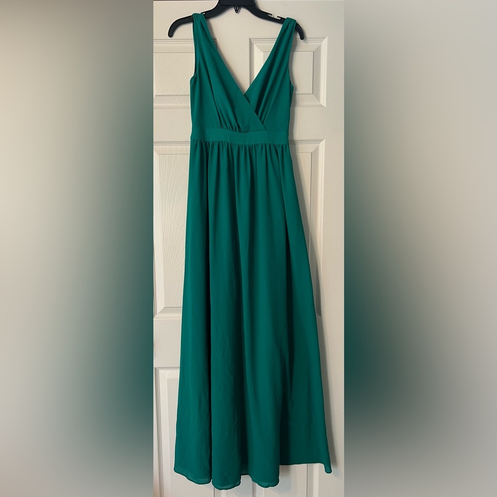 Belle Badgley Mischka Women’s Teal Green V neck chiffon long maxi formal dress